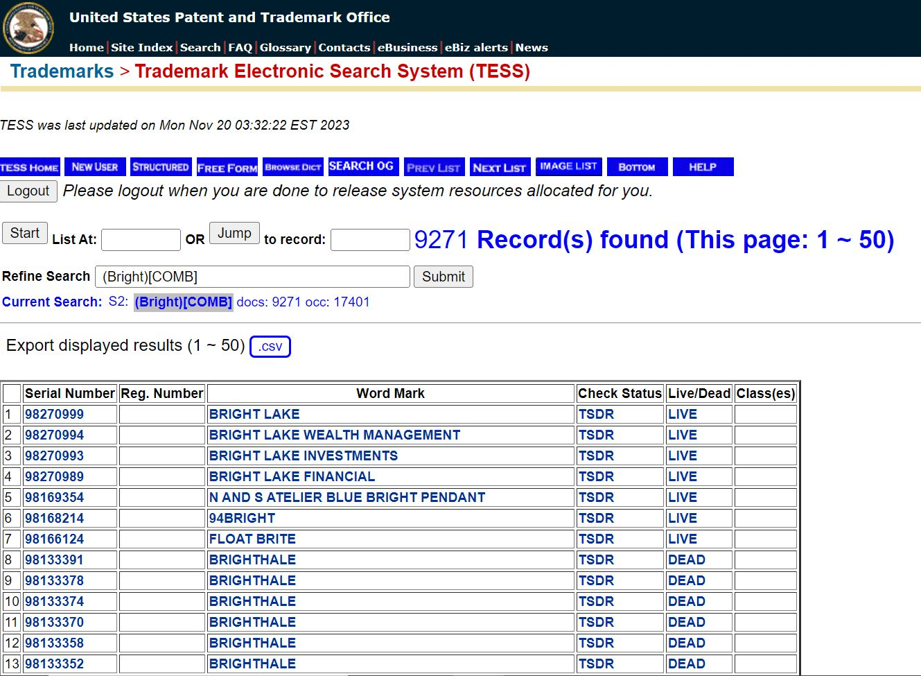 A screenshot of the United States trademark search page displaying search results for united state trademark search