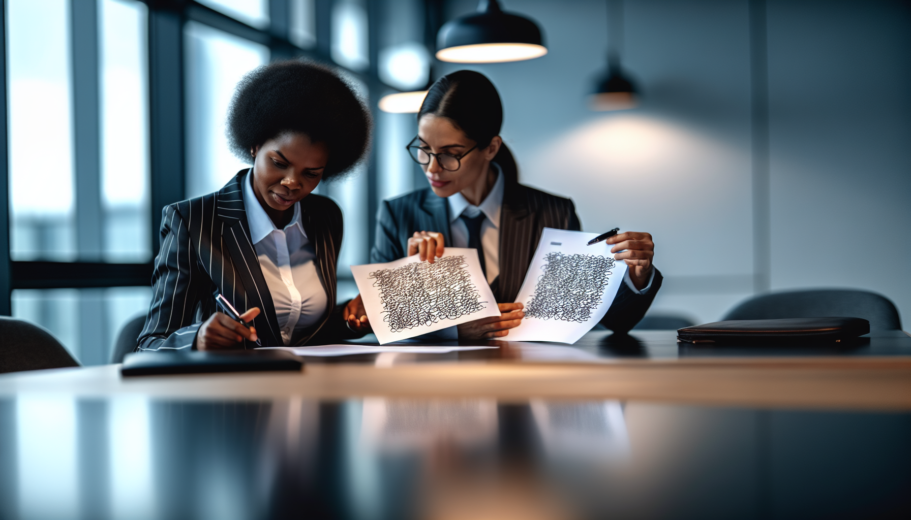 Two people conducting a trademark screening process