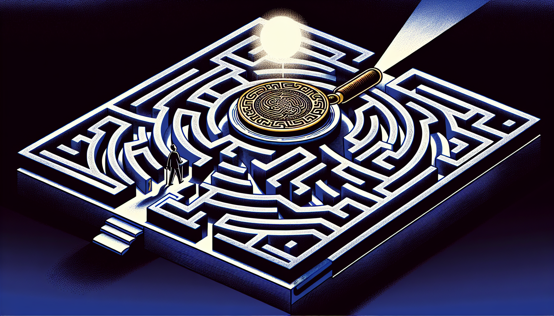 Illustration of a person navigating through a maze with USPTO logo at the end