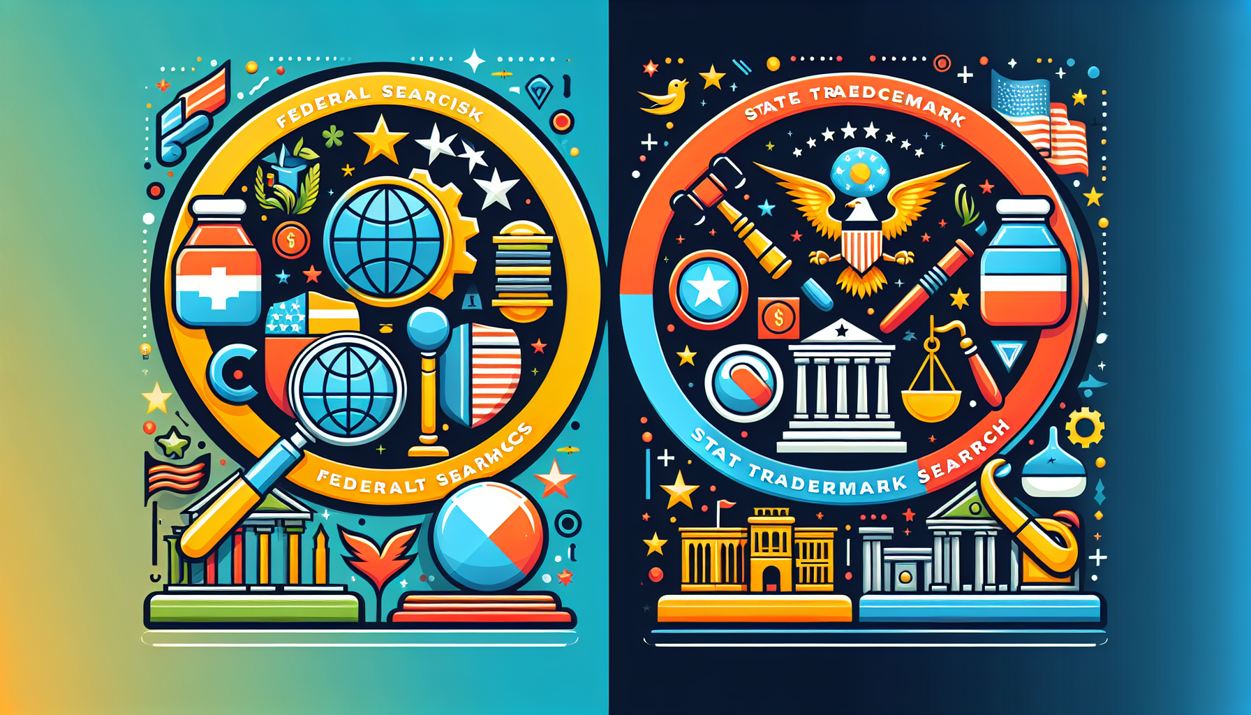 An illustration comparing federal and state trademark searches.