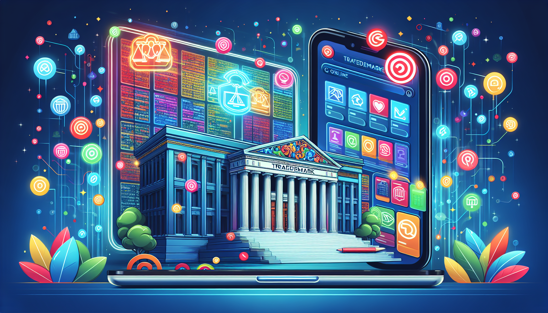 An illustration of different platforms where trademarks lookups can be performed, including online databases and government offices.