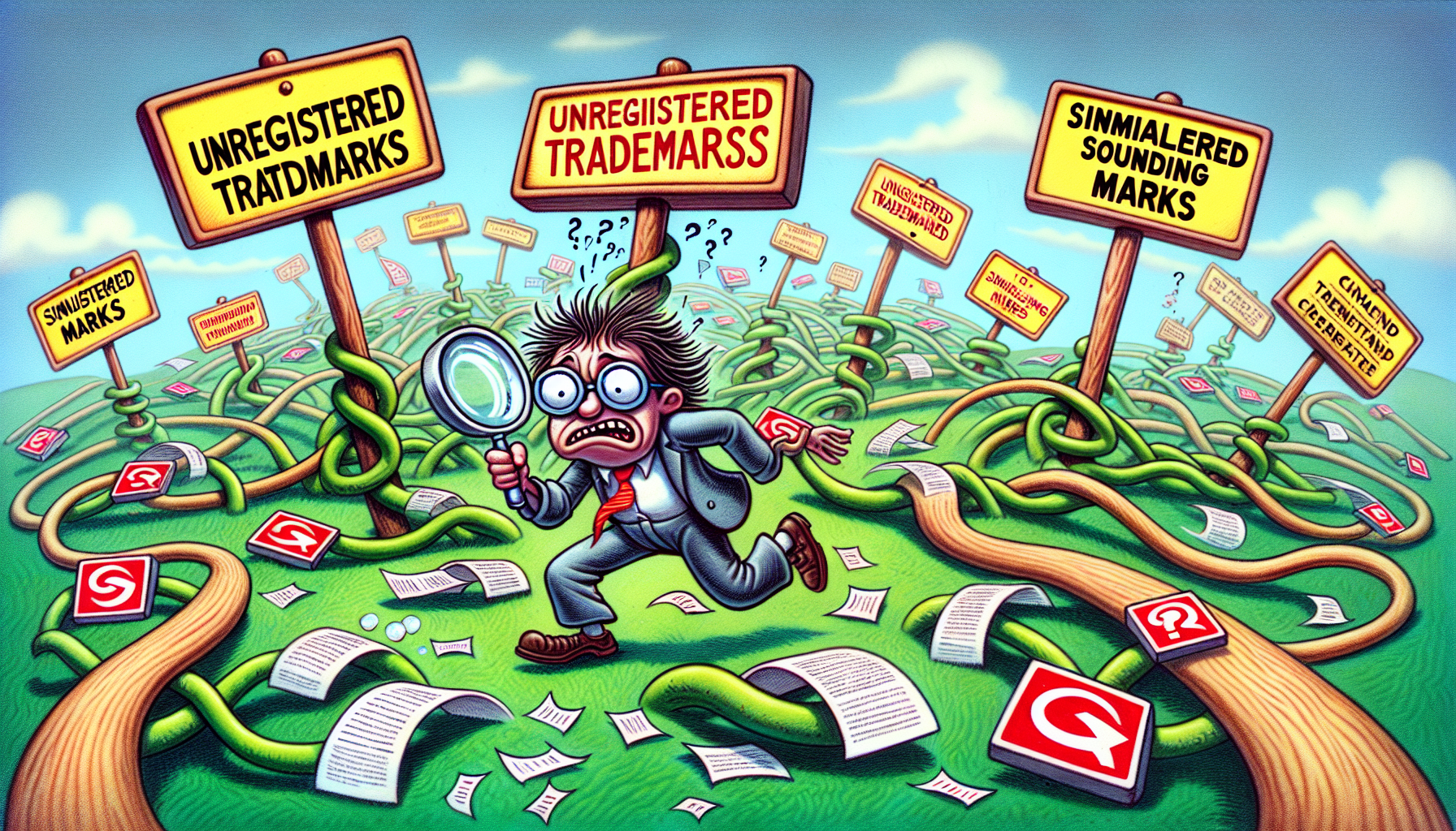 A cartoon illustrating common pitfalls in trademark searches.