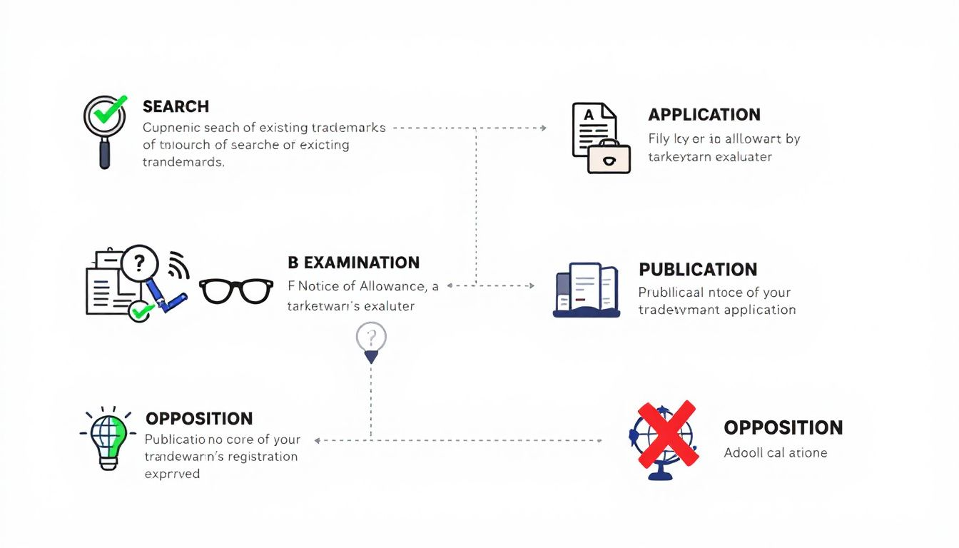 Steps involved in the trademark registration process.